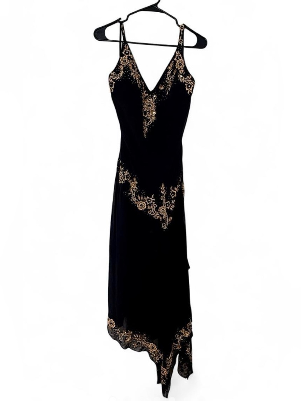 Vintage 100% Silk Beaded Black Dress with Gold Floral Accents